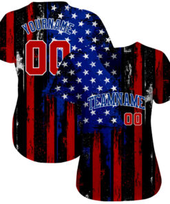 Alternative view of Custom Black Red Royal-White 3D Distressed American Flag Authentic Baseball Jersey