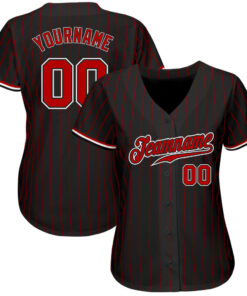 Alternative view of Custom Black Red Pinstripe Red-White Authentic Baseball Jersey