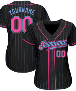Alternative view of Custom Black Light Blue Pinstripe Pink-Light Blue Authentic Baseball Jersey