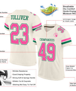 Alternative view of Custom Cream Pink-Kelly Green Mesh Authentic Football Jersey