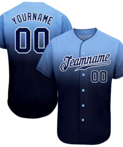 Custom Light Blue Navy-White Authentic Fade Fashion Baseball Jersey