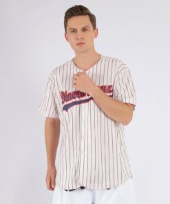 Alternative view of Custom Cream Navy Pinstripe Navy-Red Baseball Jersey