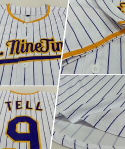 Alternative view of Custom White Purple Pinstripe Purple-Gold Authentic Baseball Jersey