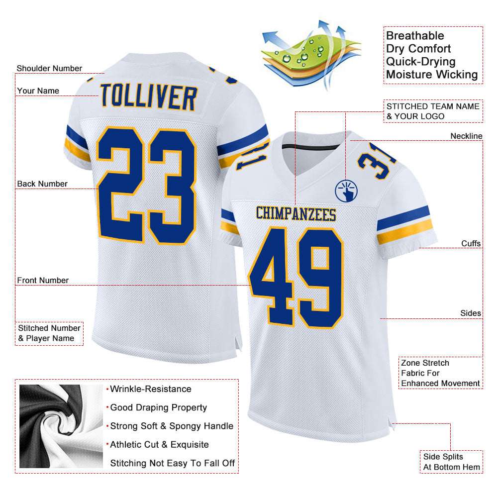 Custom White Royal-Gold Mesh Authentic Football Jersey - Image 2
