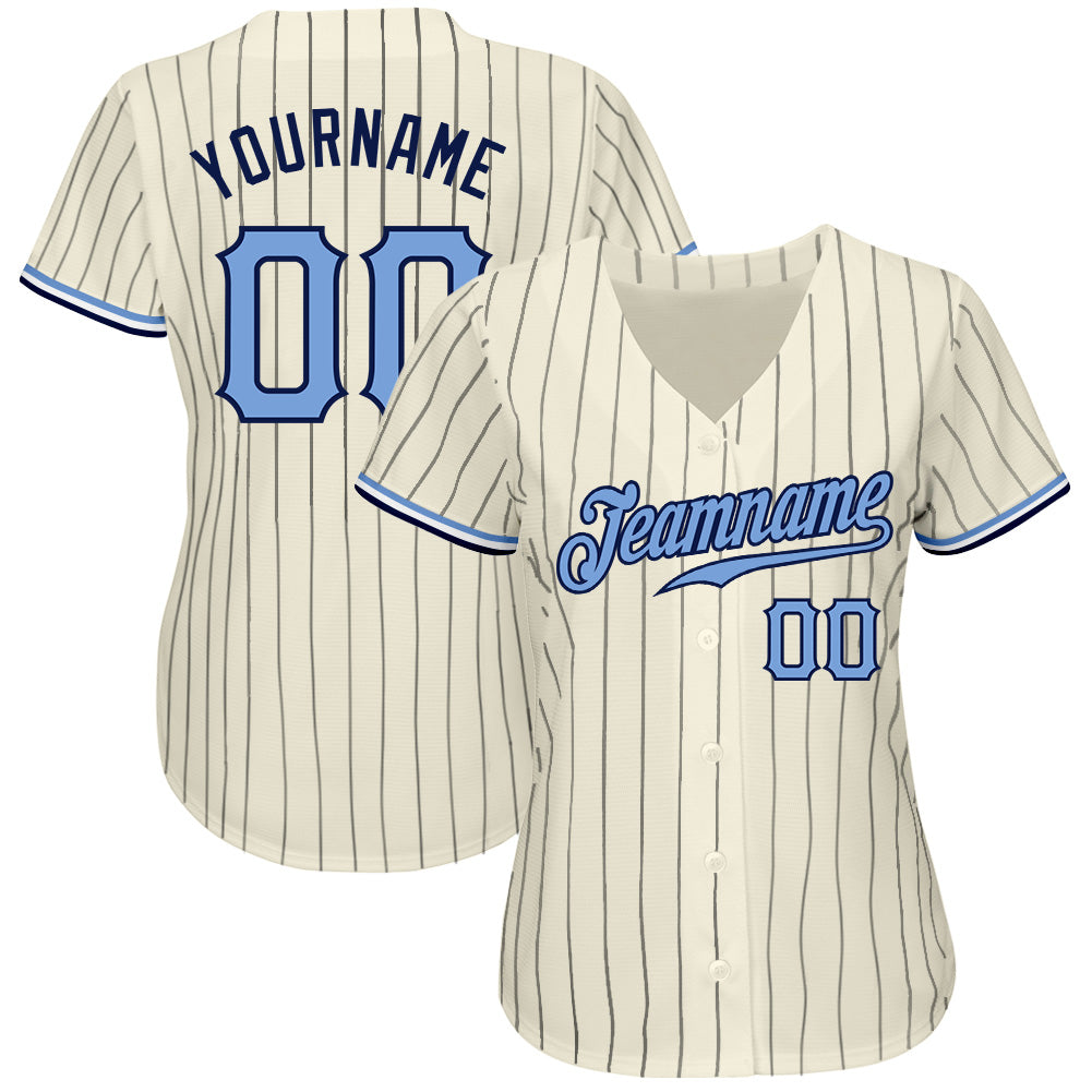Custom Cream Navy Pinstripe Light Blue-Navy Authentic Baseball Jersey - Image 2