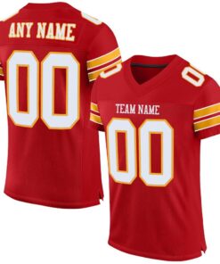 Custom Red White-Gold Mesh Authentic Football Jersey