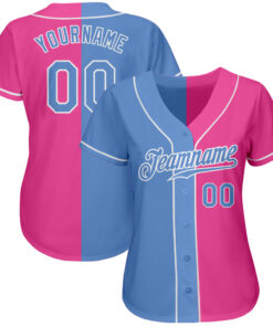 Alternative view of Custom Pink Light Blue-White Authentic Split Fashion Baseball Jersey