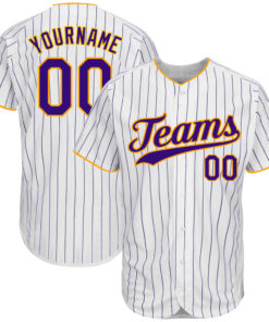Custom White Purple Pinstripe Purple-Gold Authentic Baseball Jersey