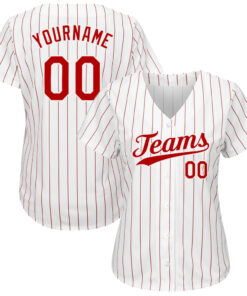 Alternative view of Custom White Red Pinstripe Red-White Authentic Baseball Jersey